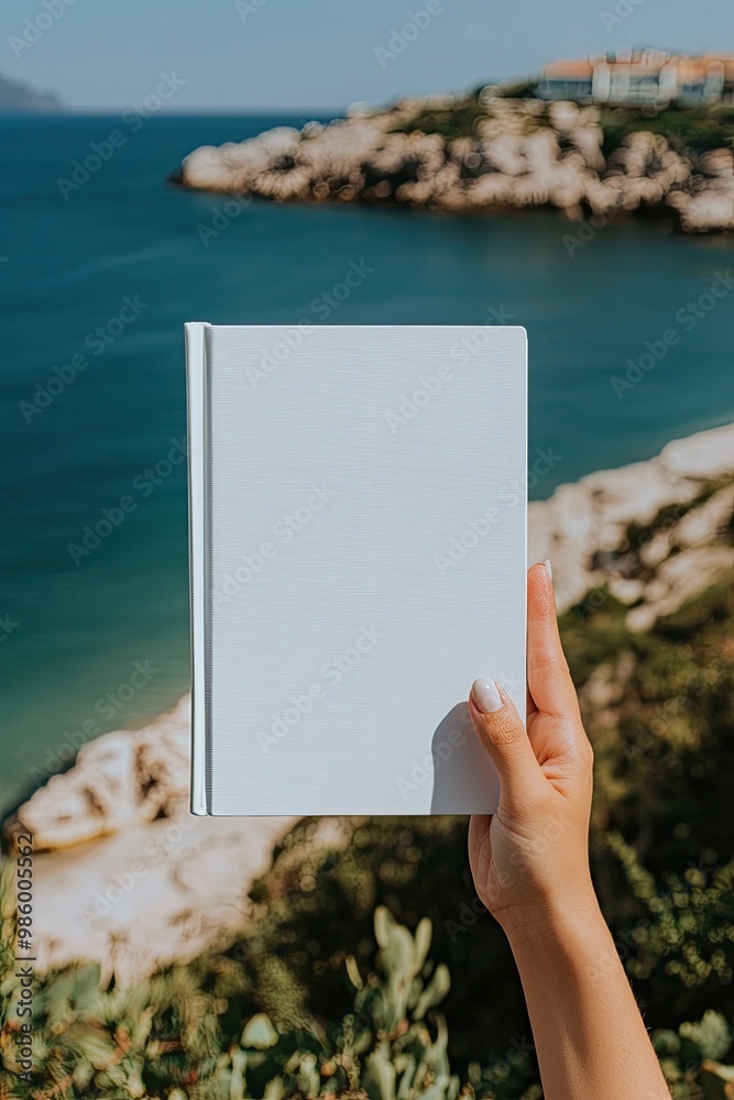 in his hands a white book on the background of the beach. Selective focus in his hands a white book on the background of the beach. Selective focus