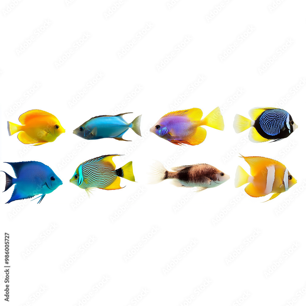 Fototapeta premium A collection of tropical fish isolated on a white background, with vibrant colors