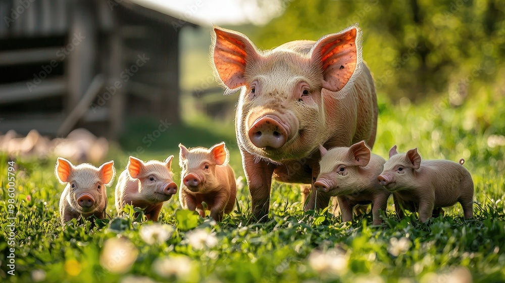 pig with piglets on green grass. Selective focus pig with piglets on green grass. Selective focus