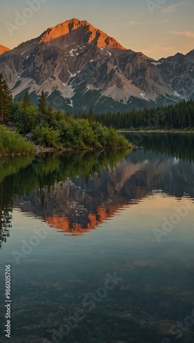 Mountain reflected in a serene lake at sunset.