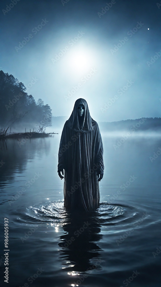 A ghostly figure emerges from a foggy lake under the full moon, casting an eerie glow and a sense of mystery A ghostly figure emerges from a foggy lake under the full moon, casting an eerie glow and a sense of mystery