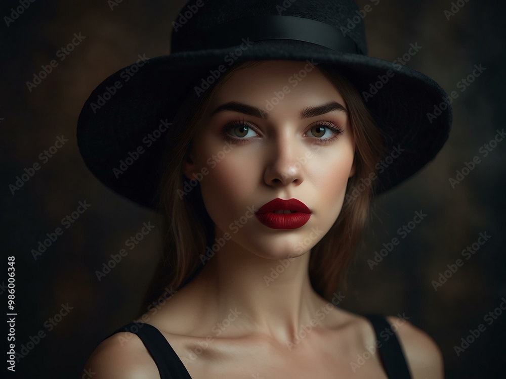 Mysterious woman in a dark hat with deep red lips. Mysterious woman in a dark hat with deep red lips.