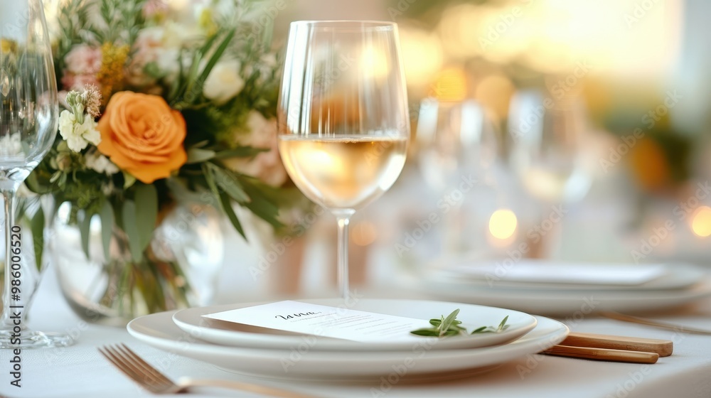 A refined table setup featuring a glass of white wine, a floral centerpiece with orange and white flowers, and a neatly arranged menu card adding to the ambiance. A refined table setup featuring a glass of white wine, a floral centerpiece with orange and white flowers, and a neatly arranged menu card adding to the ambiance.