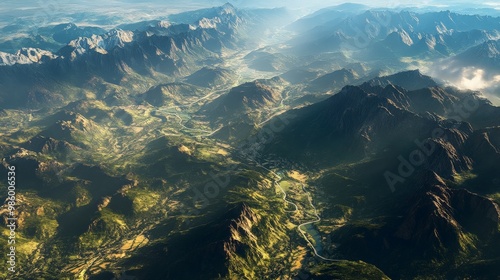 A bird's-eye view of a pilgrimage route winding through mountains and valleys, leading to a revered site