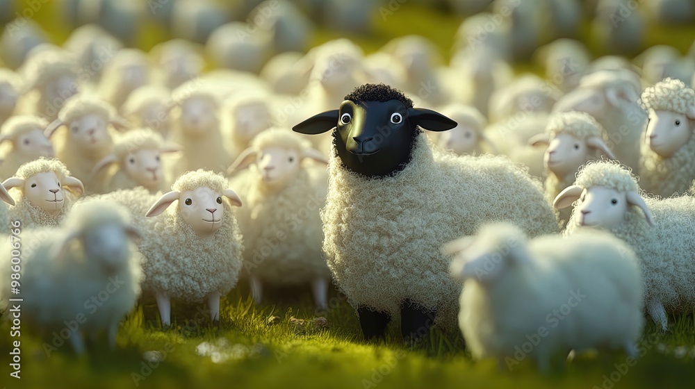 Fototapeta premium Unique Black Sheep in a Sea of White: A Striking Poster for Sports Interiors, Inspiring Individuality and Boldness in Your Space!