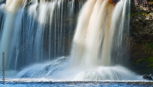 Keila waterfall texture, Estonia. Close-up, long exposure. Blue and white water splashes. Abstract natural pattern. Environmental conservation, travel destinations, graphic resource. Panoramic image