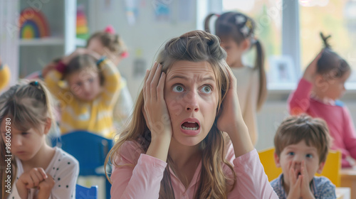 The kindergarten teacher screams in horror, looking at the overly large group of unruly children. photo