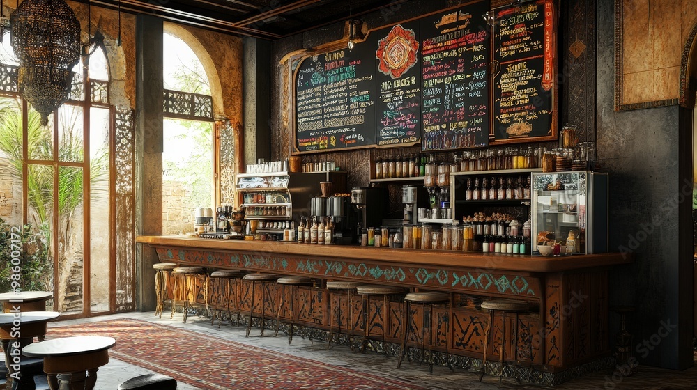Obraz premium specializing in ethnic drinks, with a menu board featuring a variety of global beverages