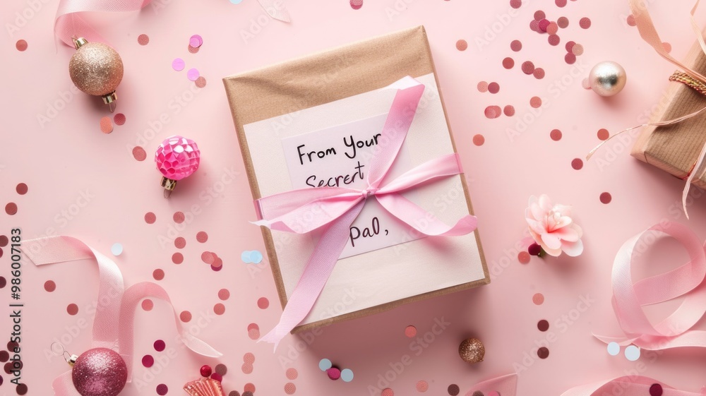 Secret Pal Day, Secret Pal Gift with Pink Ribbon and Holiday Decorations Secret Pal Day, Secret Pal Gift with Pink Ribbon and Holiday Decorations