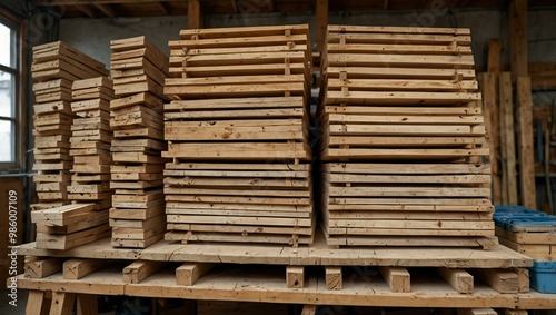 Neatly stacked wooden planks in a well-organized workshop.