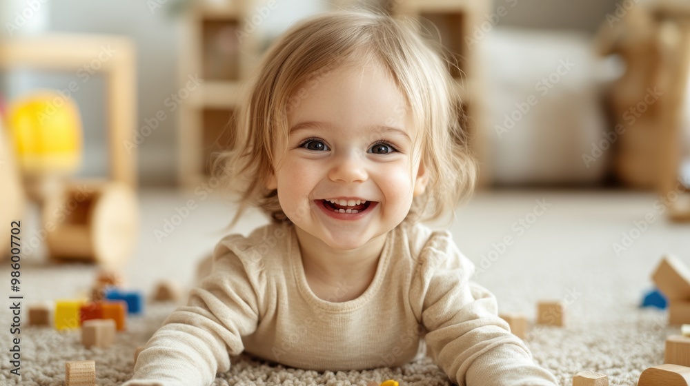 A cheerful infant girl with light hair is crawling among various toys, joyfully smiling in a cozy playroom, surrounded by brightly colored wooden blocks. A cheerful infant girl with light hair is crawling among various toys, joyfully smiling in a cozy playroom, surrounded by brightly colored wooden blocks.