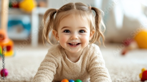 A vibrant toddler girl with pigtails joyfully engages with colorful toys spread on the plush carpet, exuding happiness and innocence in a lively playroom setting.