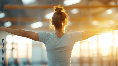 A person with outstretched arms practicing yoga in a sunlit room, symbolizing mindfulness, peace, and well-being, with warm sunlight streaming in from large windows.