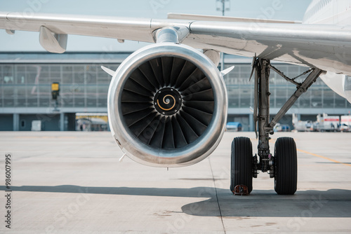 Wallpaper Mural Airplane engine nacelle. Front view of turbofan engine under a wing of passenger aircraft near landing gear. Airport terminal in the background. Torontodigital.ca