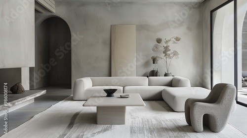 Minimalist living room with a sleek armless sofa, oversized rectangular coffee table, and modern sculptural accent chairs. photo