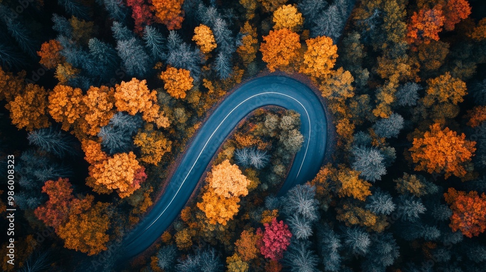 Aerial View of a Winding Road Through an Autumn Forest