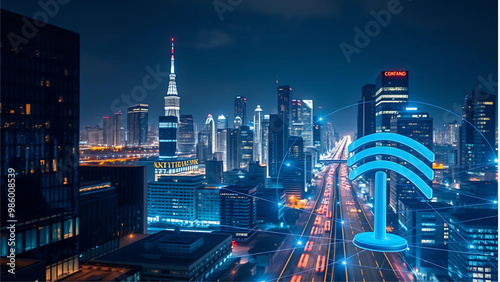 Modern city with wireless network connection and city scape concept.Wireless network and Connection technology concept with city background at night. Vector illustration