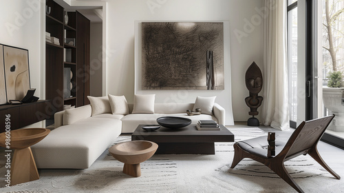 Minimalist living room with a sleek armless sofa, oversized rectangular coffee table, and modern sculptural accent chairs. photo