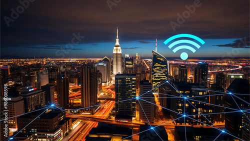 Modern city with wireless network connection and city scape concept.Wireless network and Connection technology concept with city background at night. Vector illustration