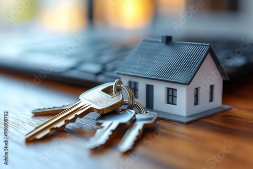 miniature white house model next to a set of house keys on a modern desk symbolizing home ownership with soft natural light creating a hopeful and aspirational atmosphere photo