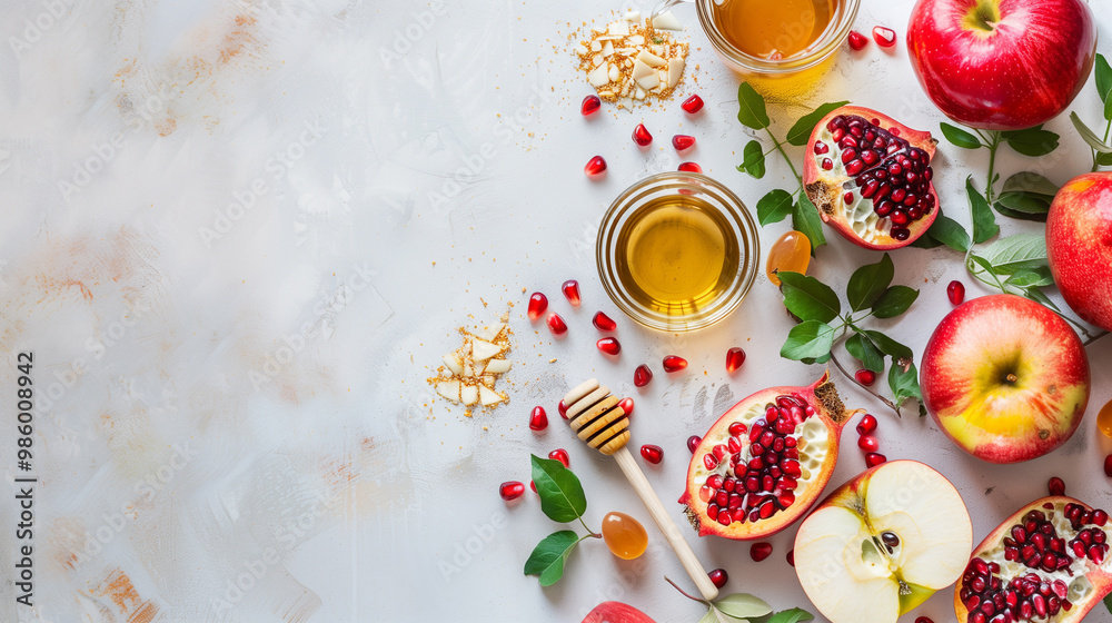 Pomegranates, honey, and apples on a white background, Rosh Hashanah wallpaper. Space for text. Pomegranates, honey, and apples on a white background, Rosh Hashanah wallpaper. Space for text.