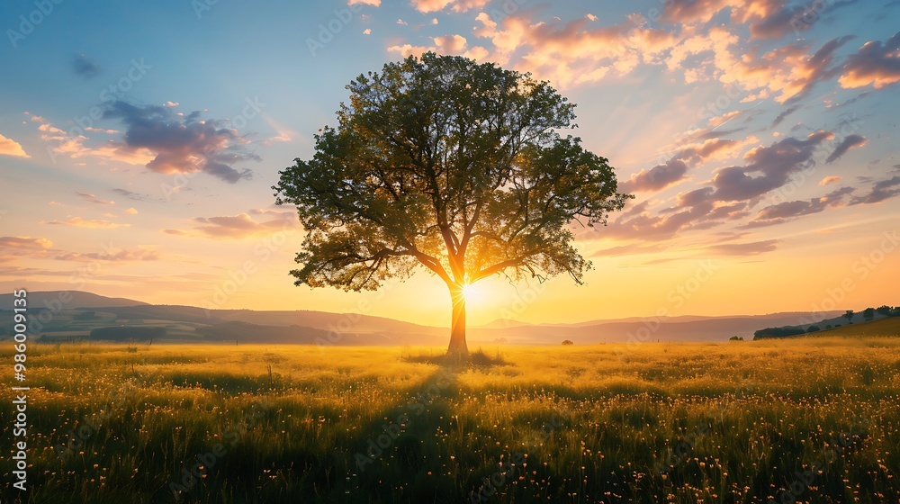 Beautiful sunset over meadow with lonely tree Beautiful sunset over meadow with lonely tree