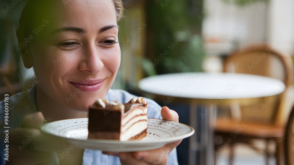 Delighted Patron: Contented Customer with Bright Eyes in Cafe Ambiance Delighted Patron: Contented Customer with Bright Eyes in Cafe Ambiance