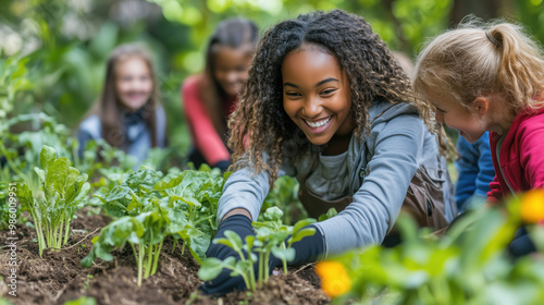 Wallpaper Mural Gardening teacher guiding children in vegetable gardening activities Torontodigital.ca