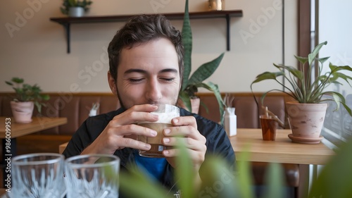 Delighted Patron: Contented Customer with Bright Eyes in Cafe Ambiance photo