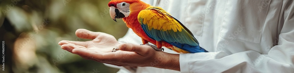 Fototapeta premium veterinarian holds a parrot in his hands. Selective focus