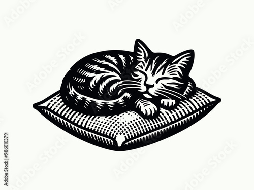 Cute tabby cat sleeps on a pillow. vintage black engraving illustration, emblem, print photo