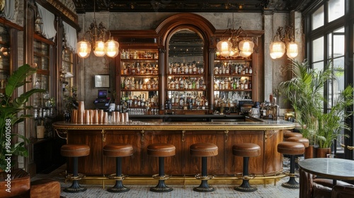 Elegant Bar Interior with Wooden Accents, Leather Stools, and Chandeliers