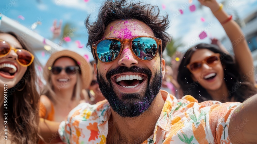 A man with a beard and colorful powder on his face enjoys an exuberant festive celebration, embodying the lively spirit and cultural richness of the event. A man with a beard and colorful powder on his face enjoys an exuberant festive celebration, embodying the lively spirit and cultural richness of the event.