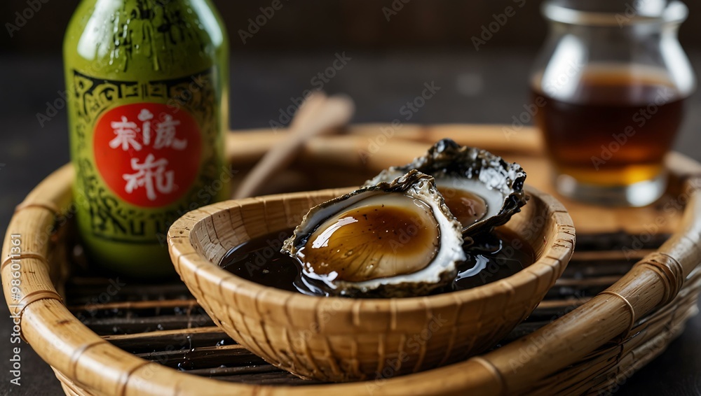 Oyster sauce dripping from a spoon in a bamboo basket. Oyster sauce dripping from a spoon in a bamboo basket.