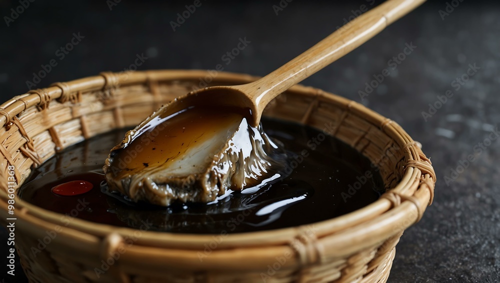 Oyster sauce dripping from a spoon in a bamboo basket. Oyster sauce dripping from a spoon in a bamboo basket.