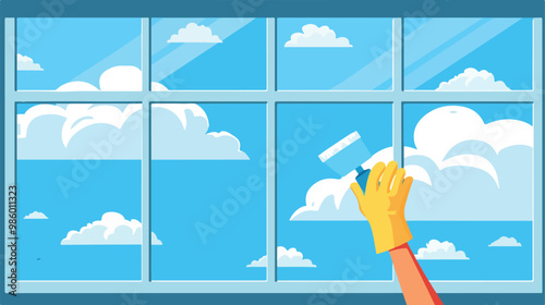 Cleaning Window with Blue Sky and White Clouds