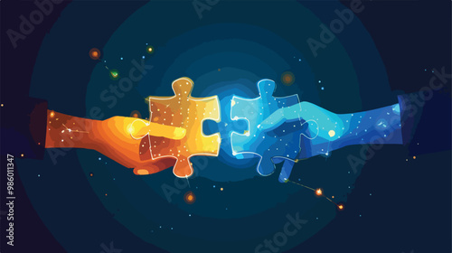 Unity and Connection: Hand Connecting Two Glowing Puzzle Pieces Flat