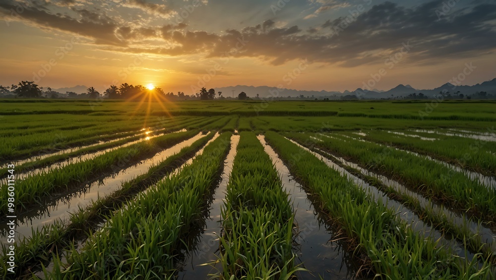Paddy rice field before harvest with sunrise backdrop. Paddy rice field before harvest with sunrise backdrop.