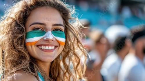 A festival enthusiast showcasing intricate and colorful face paint, exuding joy and excitement amidst a bustling stadium scene, encapsulating festival vibes and artistry.