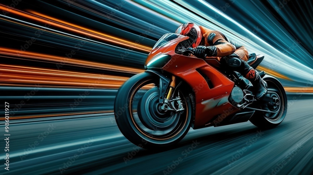 Obraz premium Motorcyclist in red gear speeding through tunnel with dramatic motion blur, AI Generation