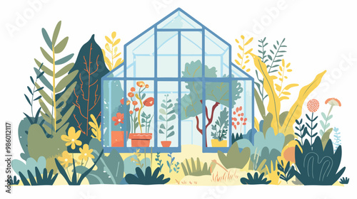 Beautiful Hand Drawn Illustration of a Garden with Greenhouse for Home Gardening