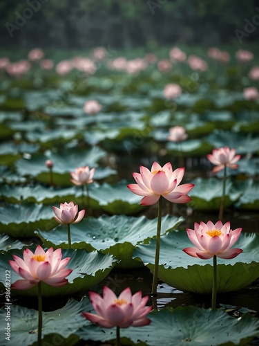 Panoramic view of blooming lotus flowers.