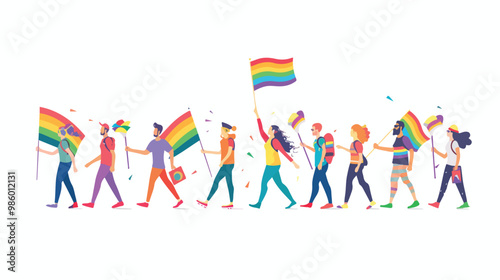 Diverse Group of People Marching Together in Gay Pride Concept Illustration