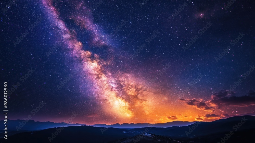 A stunning night sky featuring the Milky Way over a mountainous landscape at twilight. A stunning night sky featuring the Milky Way over a mountainous landscape at twilight.