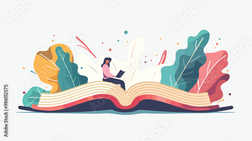 Giant Book and Reading Person Flat Vector Isolated