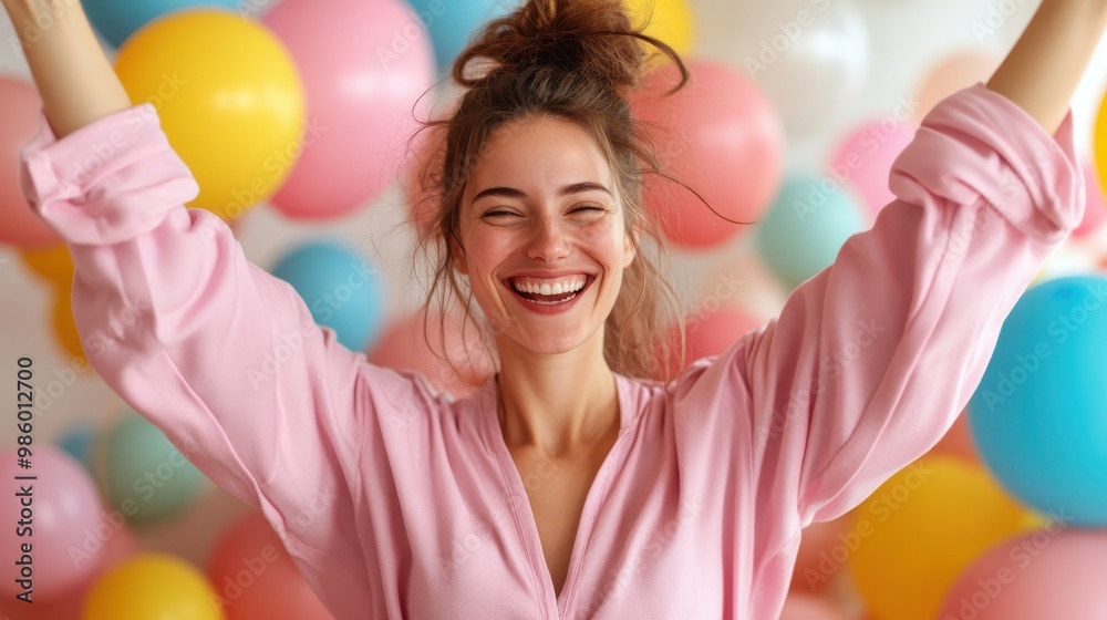 Obraz premium A jubilant woman in pink joyfully celebrates amidst a vibrant array of colorful balloons, capturing exuberance and the festive spirit in a lively setting.