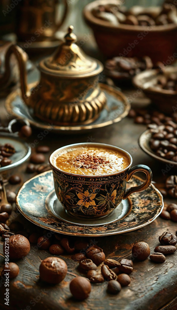 Coffee in a cup and saucer on a dark background
