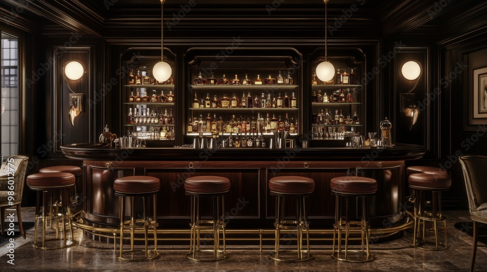 Elegant Bar Interior with Dark Wood, Gold Accents, and a Display of Liquor Bottles Elegant Bar Interior with Dark Wood, Gold Accents, and a Display of Liquor Bottles