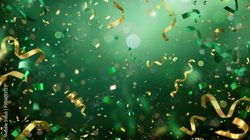 Colorful confetti and streamers floating in the air on a green background. The concept of a holiday, party or special event. photo