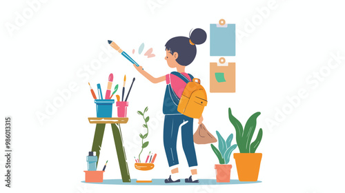 Young Girl Painting Wall with Brush in Flat Vector Illustration
